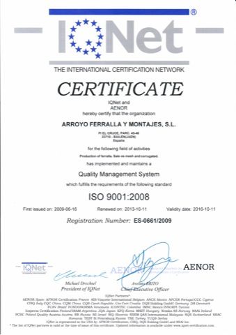Hierros y Ferrallas Arroyo Certificado Internacional